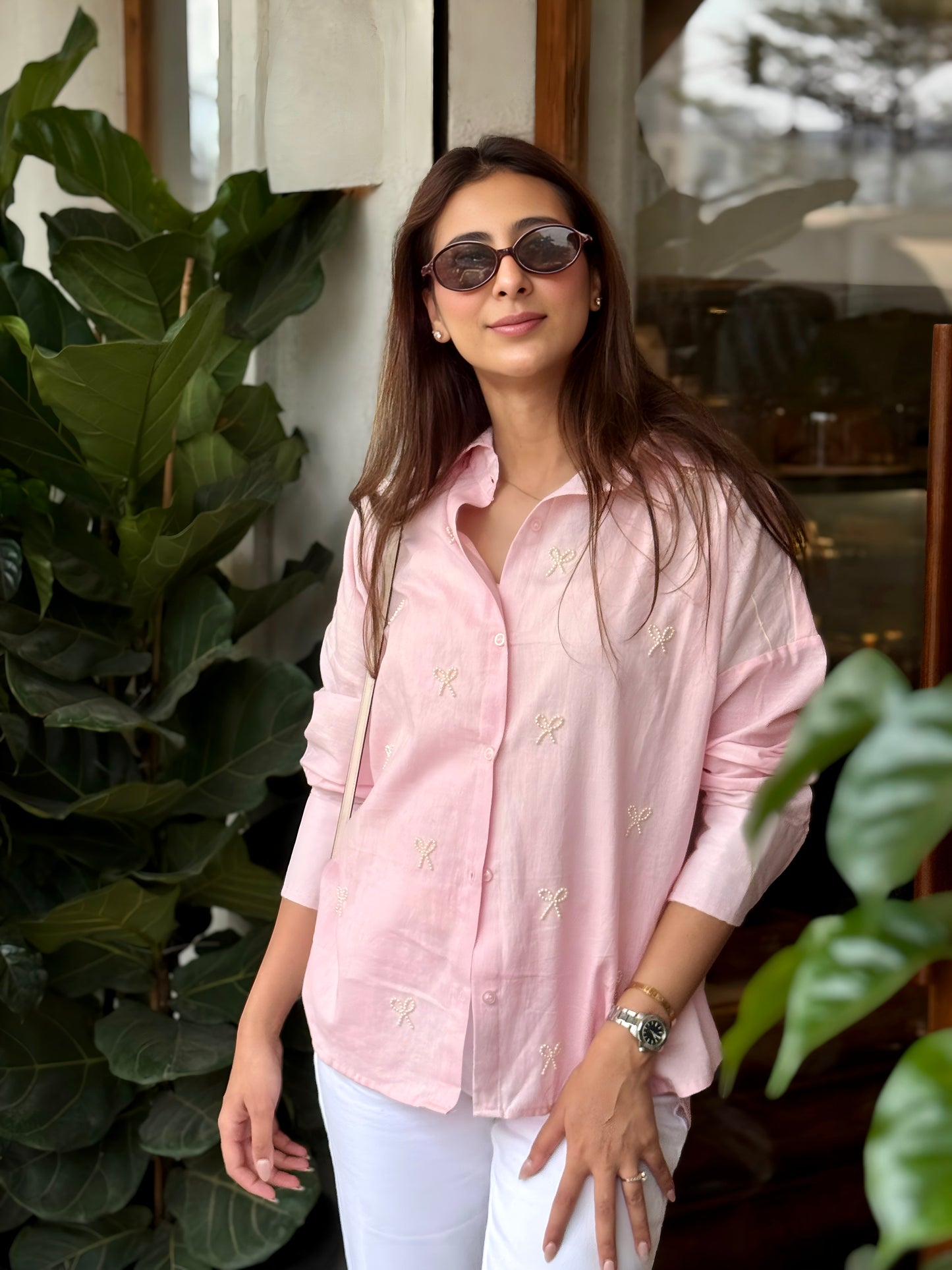 PEARL BOWS SHIRT - BABY PINK