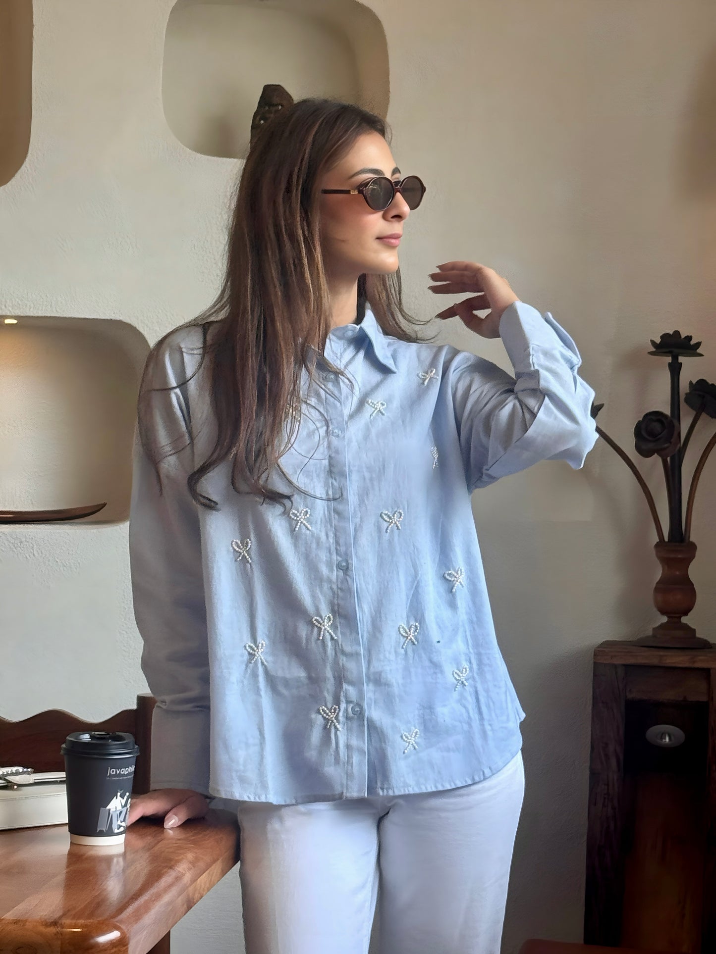 PEARL BOWS SHIRT - BLUE