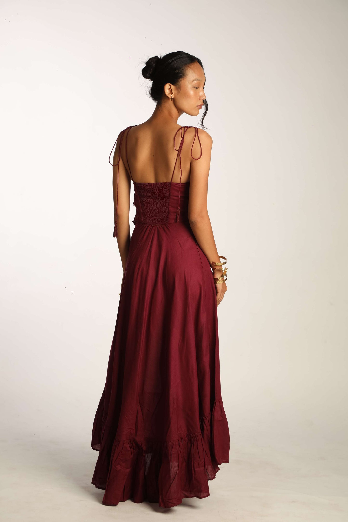 Poplin Tie-up Dress - Burgundy