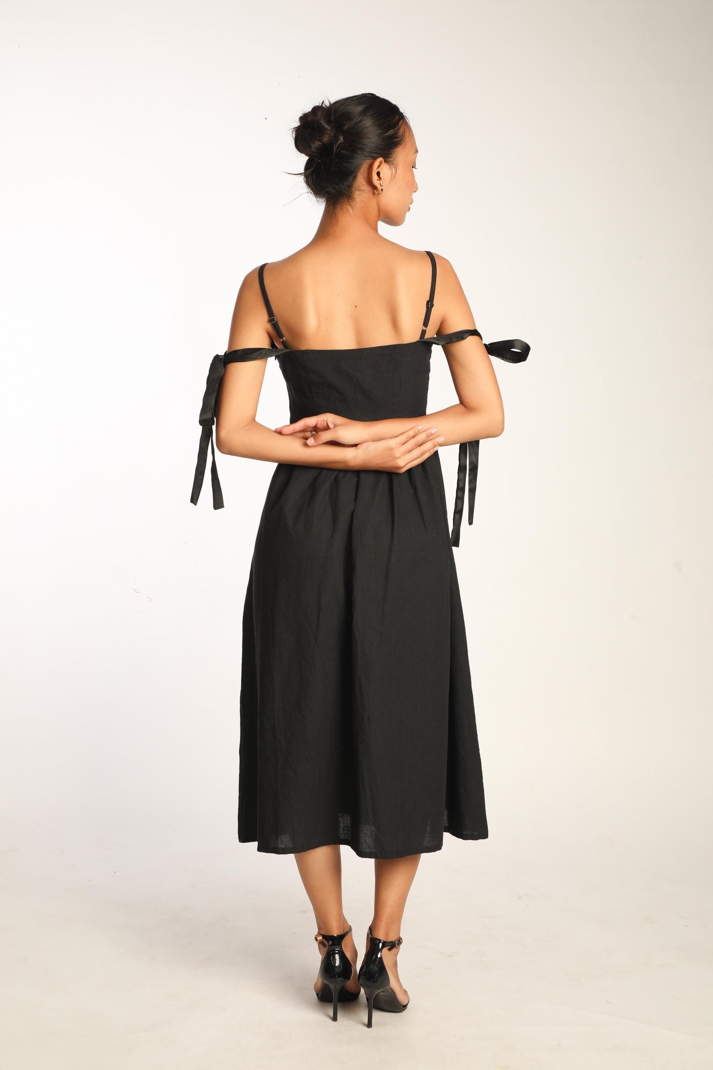 Satin Bustier Tie-up Dress - Black