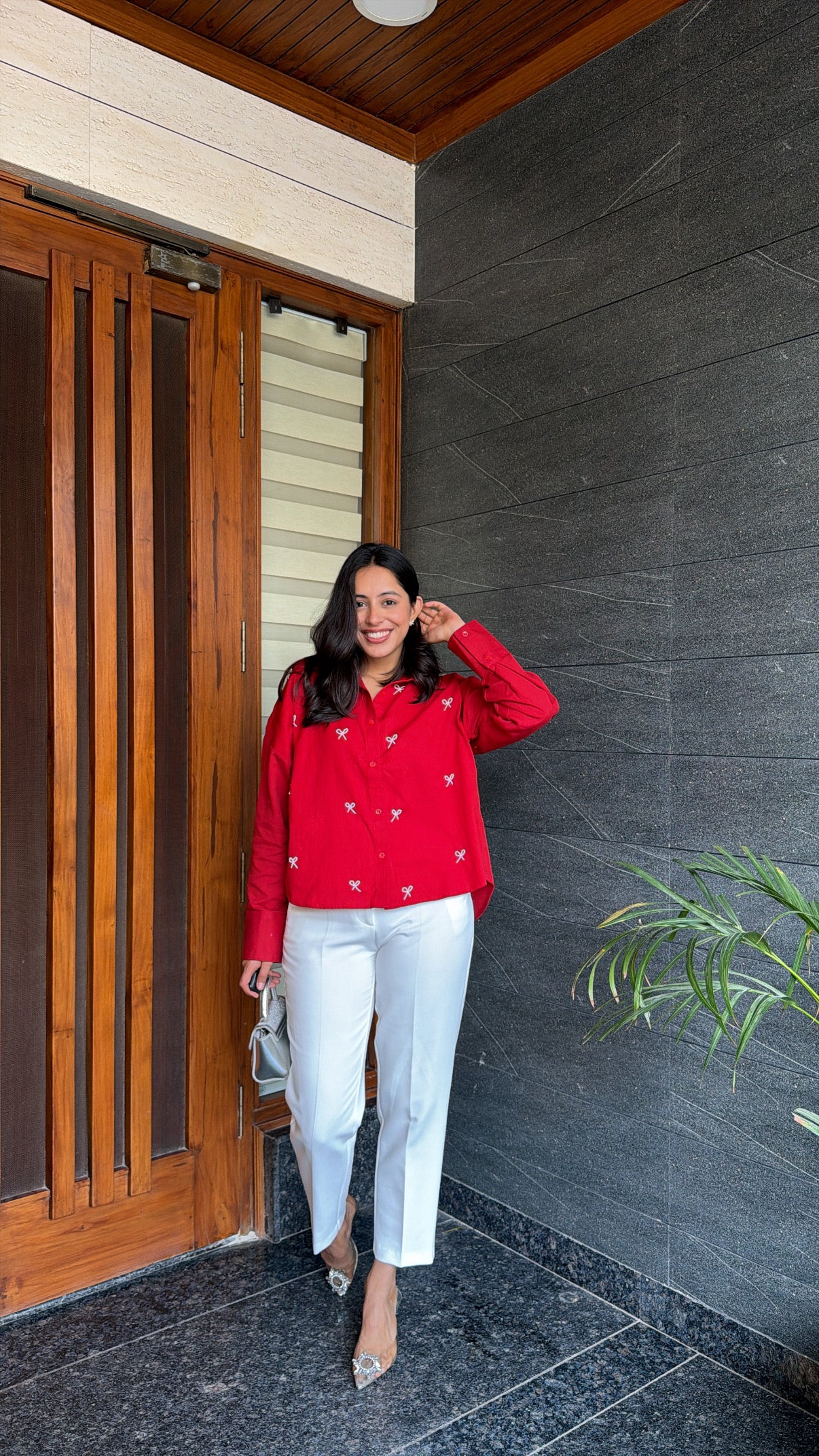 PEARL BOWS SHIRT - RED