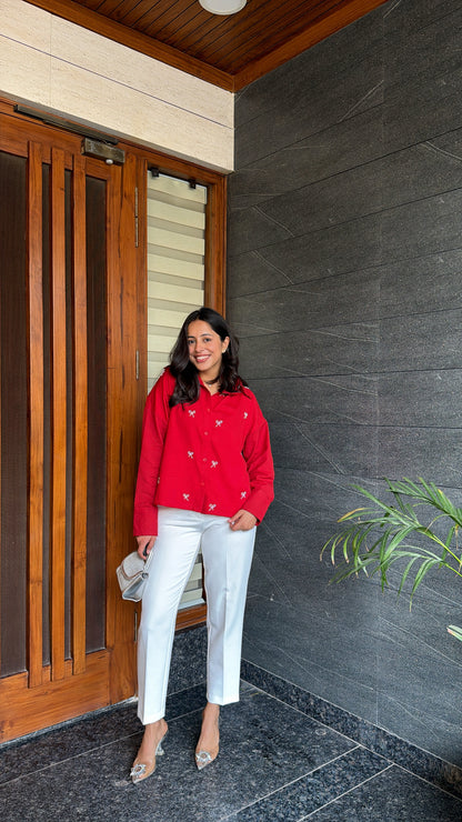 PEARL BOWS SHIRT - RED