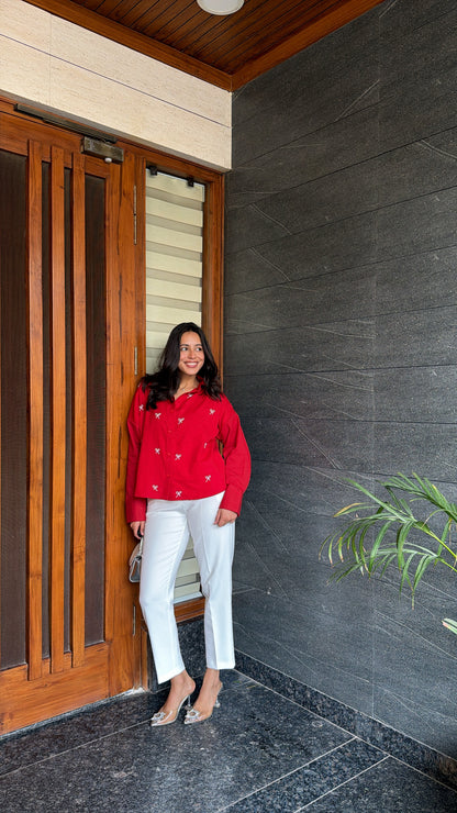 PEARL BOWS SHIRT - RED