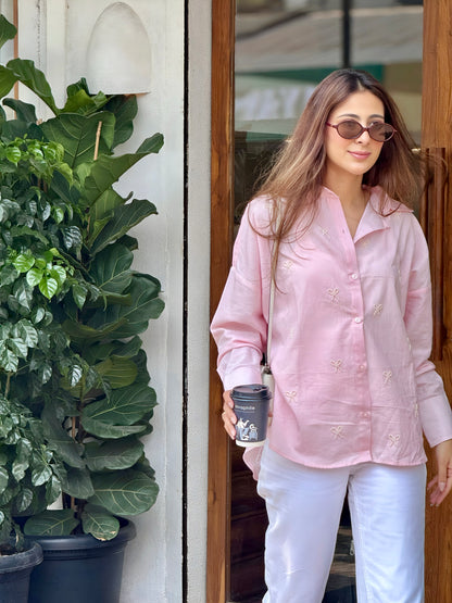 PEARL BOWS SHIRT - BABY PINK