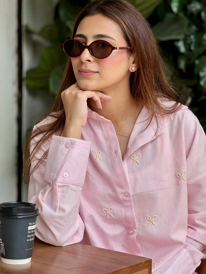 PEARL BOWS SHIRT - BABY PINK