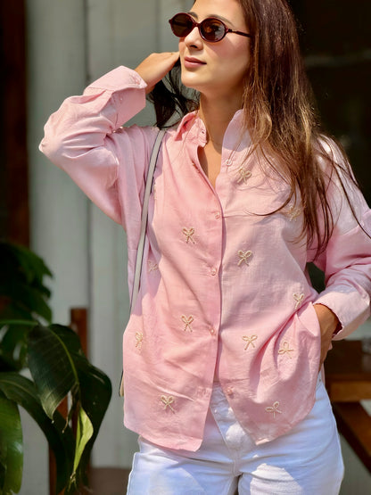 PEARL BOWS SHIRT - BABY PINK