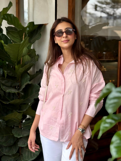 PEARL BOWS SHIRT - BABY PINK