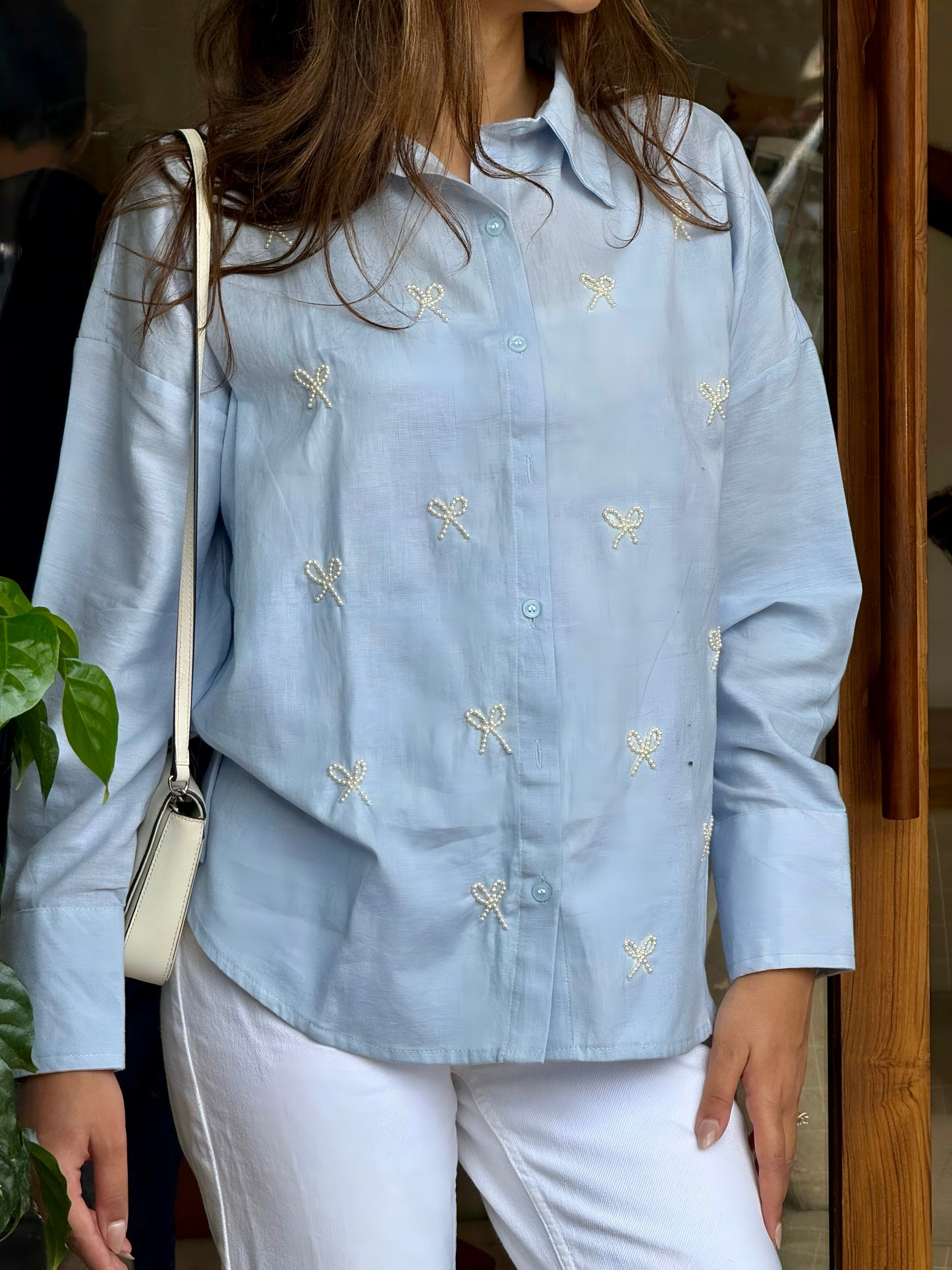 PEARL BOWS SHIRT - BLUE