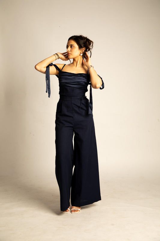 Wide-leg High-waist Pants - Navy Blue